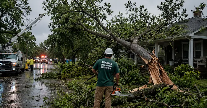 Emergency tree removal crew clearing a large storm-damaged tree from a residential property in Wichita Falls after severe weather.