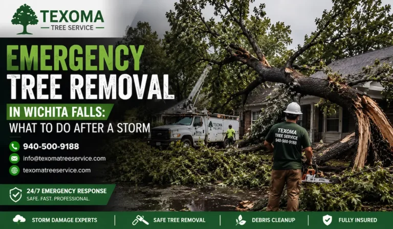 Texoma Tree Service emergency crew removing a storm-damaged tree from a home in Wichita Falls with contact information displayed.