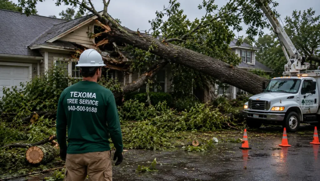 Tree service professional assessing a large fallen tree on a storm-damaged house in Wichita Falls before emergency removal operations begin.