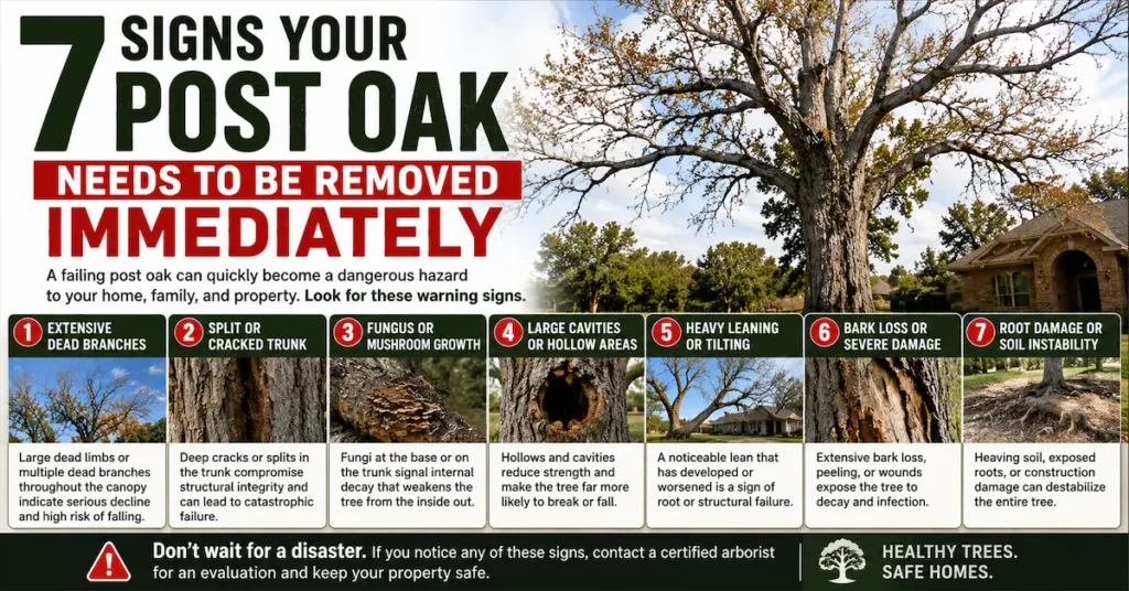 7 Signs Your Post Oak Needs to Be Removed Immediately 1 7 Signs Your Post Oak Needs to Be Removed Immediately — Infographic showing seven warning signs that a post oak tree in Wichita Falls needs immediate removal, including dead branches, trunk cracks, fungal growth, cavities, leaning, bark loss, and root damage.