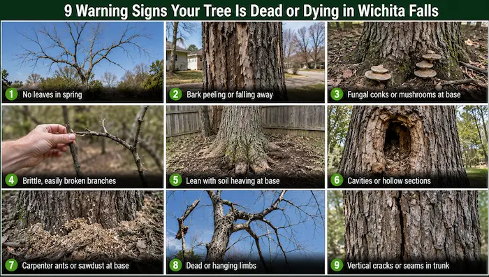 Dead Tree Removal in Wichita Falls 2 Infographic showing nine warning signs of dead or dying trees in Wichita Falls including leaf loss, bark peeling, fungal growth, trunk lean, cavities, and hanging limbs.