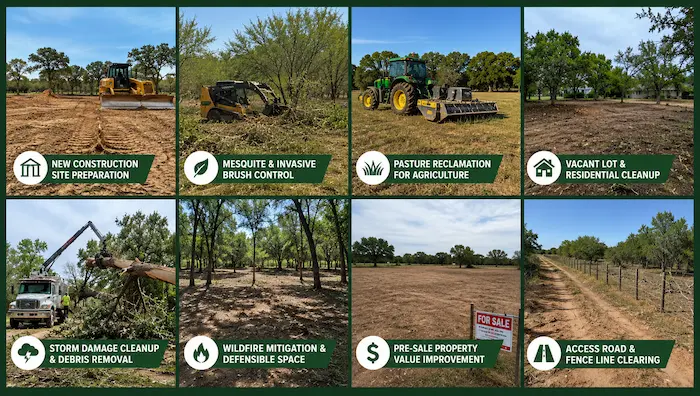 Collage showing eight land clearing situations in Wichita Falls including construction preparation, brush control, storm cleanup, and pasture reclamation.