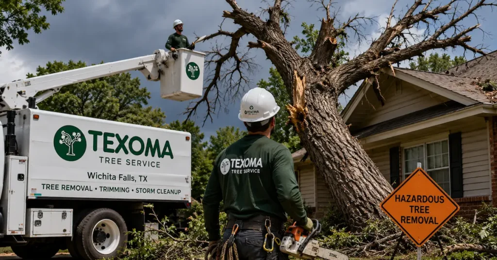 Professional crew removing a large hazardous storm-damaged tree leaning toward a home in Wichita Falls TX
