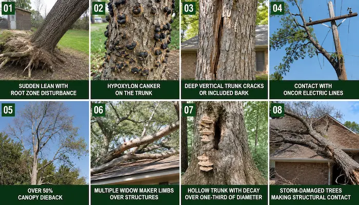 Hazardous Tree Removal Wichita Falls TX 1 Eight common hazardous tree warning signs including root upheaval, trunk decay, cracks, power line contact, canopy dieback, dead limbs, hollow trunks, and storm damage