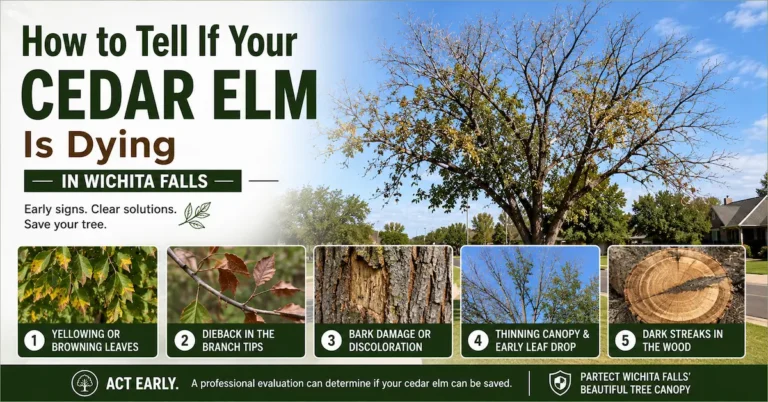 How to Tell If Your Cedar Elm Is Dying in Wichita Falls 1 Cedar elm tree in Wichita Falls showing common signs of decline, including yellowing leaves, branch dieback, bark damage, thinning canopy, and dark streaks in the wood.