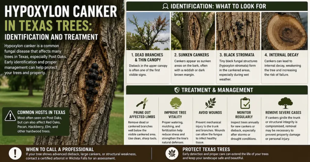 Hypoxylon canker in Texas trees infographic showing the identification, symptoms, and treatment of Hypoxylon canker, including bark sloughing, black fungal stromata, canopy dieback, internal wood decay, and recommended tree care practices.