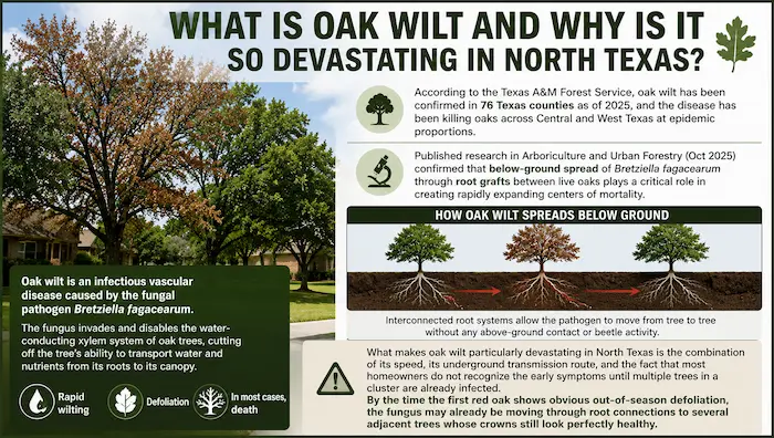 Educational infographic explaining what oak wilt is in North Texas, showing how the fungal disease spreads through oak trees, damages xylem vessels, and causes rapid tree decline and death.