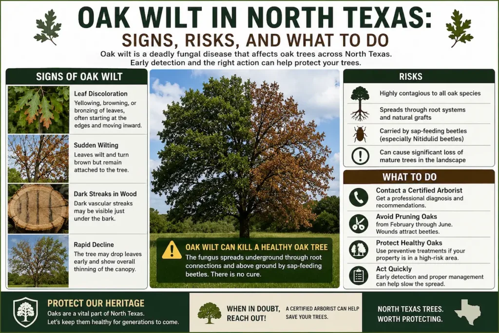 Infographic explaining oak wilt in North Texas, showing common symptoms such as leaf discoloration, sudden wilting, vascular streaking, canopy decline, disease risks, and recommended treatment actions.