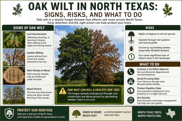 Oak Wilt in North Texas: Signs, Risks, and What to Do 2 Infographic explaining oak wilt in North Texas, showing common symptoms such as leaf discoloration, sudden wilting, vascular streaking, canopy decline, disease risks, and recommended treatment actions.