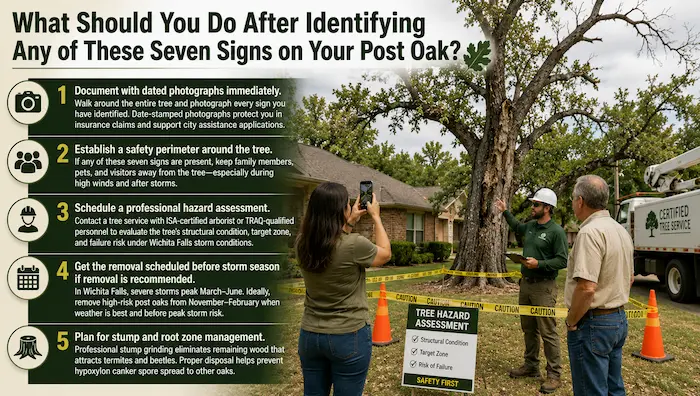 7 Signs Your Post Oak Needs to Be Removed Immediately 2 Step-by-step guide showing what to do after identifying warning signs on a post oak tree in Wichita Falls, including documentation, safety perimeter setup, arborist inspection, scheduling removal, and stump management.