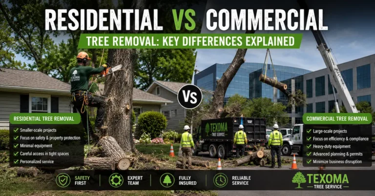 Residential vs. Commercial Tree Removal: Key Differences Explained 5 Side by side comparison of residential vs commercial tree removal in Wichita Falls showing homeowners tree service versus large scale crane-based commercial tree removal operations.