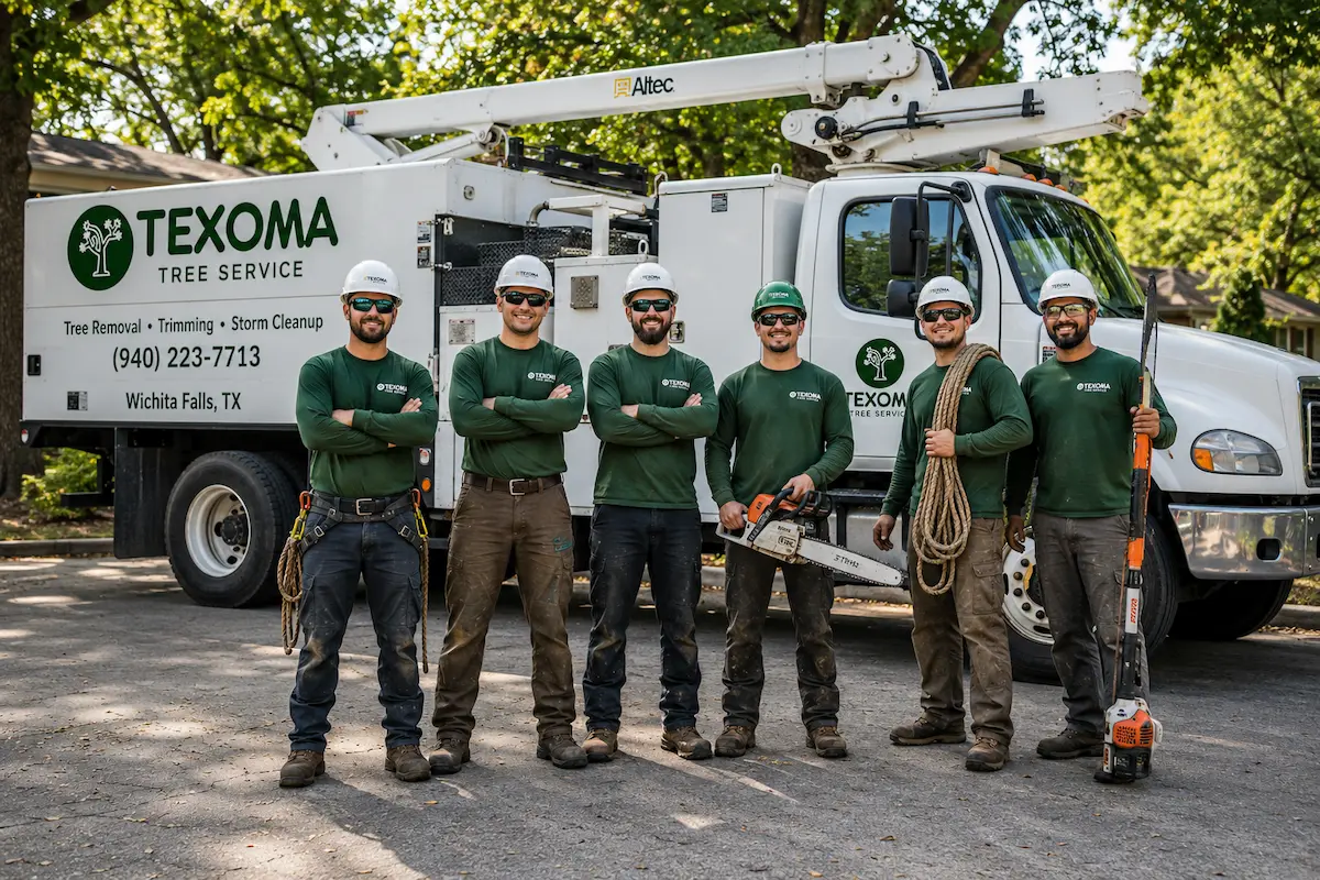Home 6 Texoma Tree Service team standing with a bucket truck and tree removal equipment in Wichita Falls TX
