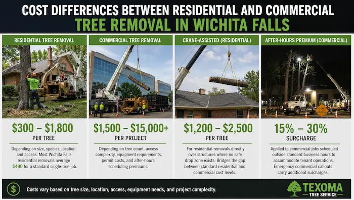 Cost comparison infographic showing residential and commercial tree removal prices in Wichita Falls including per tree residential costs, commercial project pricing, crane-assisted removal, and after-hours surcharge.