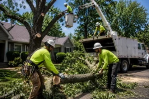 Home 1 Professional tree removal crew using a bucket truck and safety equipment at a residential property in Wichita Falls TX