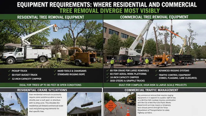 Comparison infographic showing residential and commercial tree removal equipment in Wichita Falls including bucket trucks, cranes, chippers, skid steers, and rigging systems.