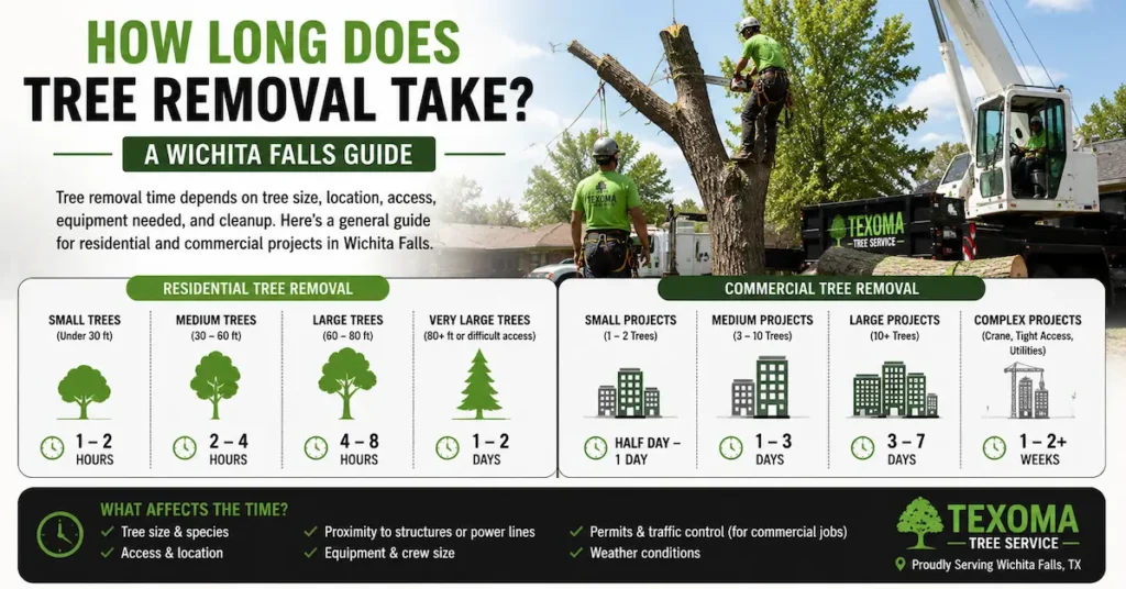 Infographic explaining how long does tree removal take in Wichita Falls for residential and commercial projects based on tree size, access, equipment, and complexity.