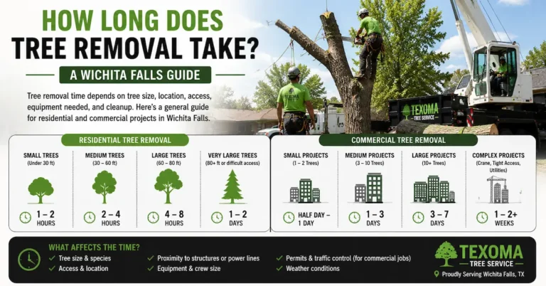 Infographic explaining how long does tree removal take in Wichita Falls for residential and commercial projects based on tree size, access, equipment, and complexity.