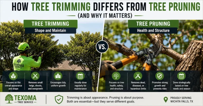 How Tree Trimming Differs From Tree Pruning (And Why It Matters) 4 Side-by-side comparison of tree trimming and tree pruning in Wichita Falls showing tree shaping for appearance versus strategic pruning for tree health, safety, and structure.
