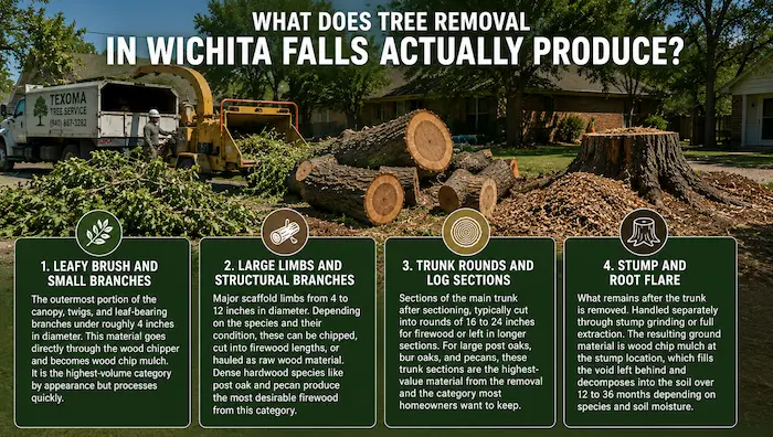 What does tree removal in Wichita Falls actually produce—professional tree removal showing leafy brush, large limbs, trunk rounds, stump, root flare, wood chips, and cleanup after a tree removal project.