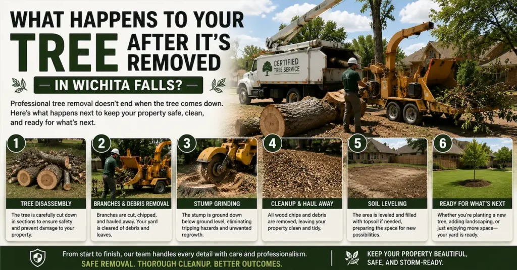 What happens to your tree after it's removed in Wichita Falls—professional tree removal process showing tree dismantling, debris removal, stump grinding, cleanup, soil leveling, and final site restoration.
