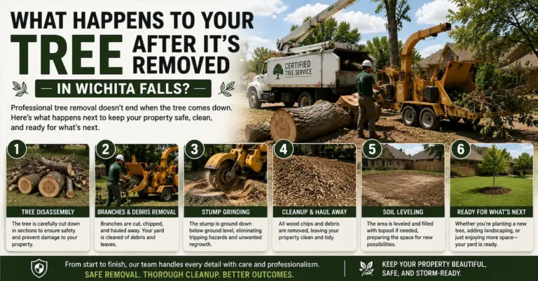 What Happens to Your Tree After It's Removed in Wichita Falls? 6 What happens to your tree after it's removed in Wichita Falls—professional tree removal process showing tree dismantling, debris removal, stump grinding, cleanup, soil leveling, and final site restoration.