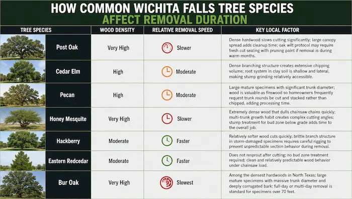 How Long Does Tree Removal Take? A Wichita Falls Guide 2 wichita falls tree species removal duration comparison